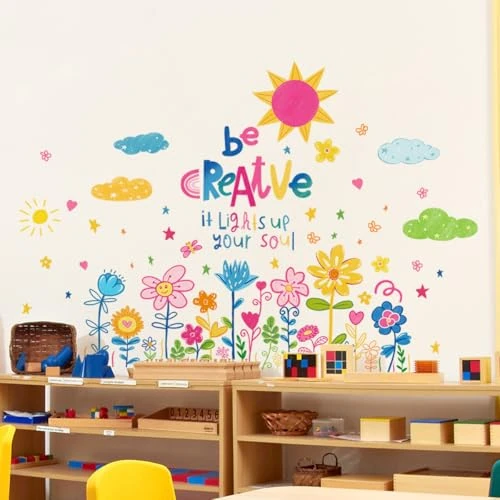 Offerta a tempo: Fufuquare Adesivi da Parete DIY di Fiori Colorati con Animali Cartone Animato Adorabili Adesivi Murali in Vinile con Sole Nuvole e Stelle per la Stanza per Bambini il Bagno e la Classe - 0% da 8.51 € a 8.51 €