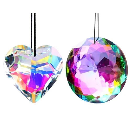 ROSYLEVE Pack of 2 Sun Catchers Crystal Rainbow 75 mm and Heart Suncatcher 45 mm with 2 x Rope Uncatcher Crystal Crystals for Hanging for Garden Window Balcony