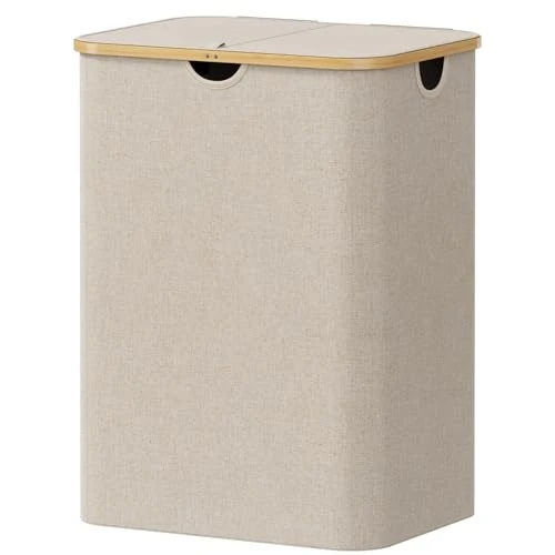 Offerta a tempo: Lifewit Cesta Portabiancheria 150 L con Coperchio, Grande Cesto Biancheria Pieghevole in Bambù con Sacco Interno, Portabiancheria Salvaspazio, Laundry Basket per Camera da Letto, Bagno, Beige - 29% da 39.99 € a 28.49 €