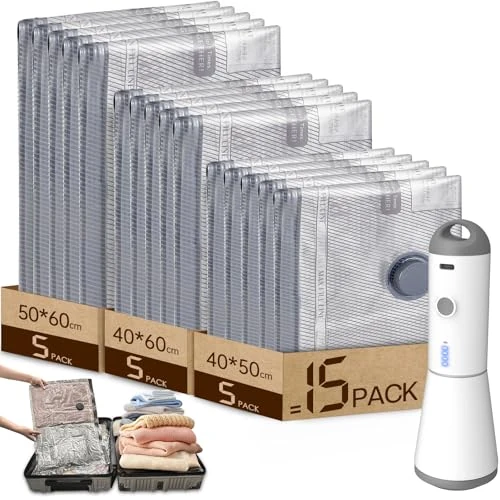 Vacbird Vacuum Bags Clothes with Wireless Vacuum Pump, 15 Pieces (5 x 40 x 50 cm, 5 x 40 x 60 cm, 5 x 50 x 60 cm), Reusable Vacuum Bags for Travel Clothes for Sweaters, Shirts, Travels