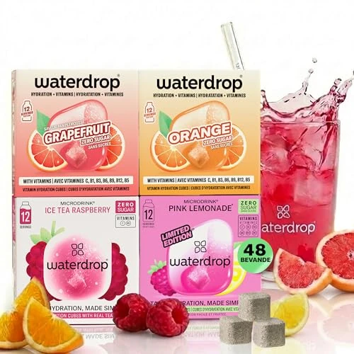 Offerta a tempo: waterdrop® Set Microdrink, 48 cubetti waterdrop per acqua, Pacchetto di prova con 4 gusti aromatizzanti, insaporitore acqua senza zucchero, acqua aromatizzata, Cubetti per bevande - 25% da 29.96 € a 22.47 €