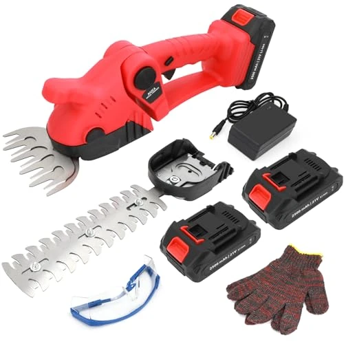 Oferta limitada: Tijeras de Césped y Setos a Batería 2 en 1, Cortasetos Eléctrico 21V 1260 RPM, con 2 Baterías de 2500 mAh, Cargador y Cuchillas de 130 mm y 230 mm para Jardín (Rojo) de 69.99 EUR a 56.99 EUR (ahorro 19%)