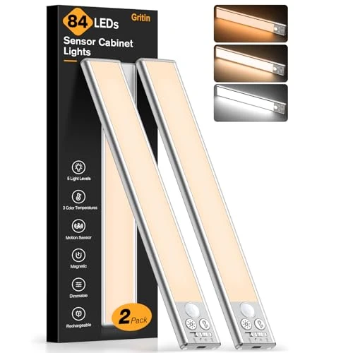 Limited offer: Gritin 10.2inch Under Cabinet Lighting Rechargeable 2 Pack- 3 Color Temps&5 Level Brightness, Super Bright, 4 Modes, Motion Sensor, Long Lasting - Easy Installation Magnetic Under Closet Lights from 12.02 EUR to 9.98 EUR (save 17%)