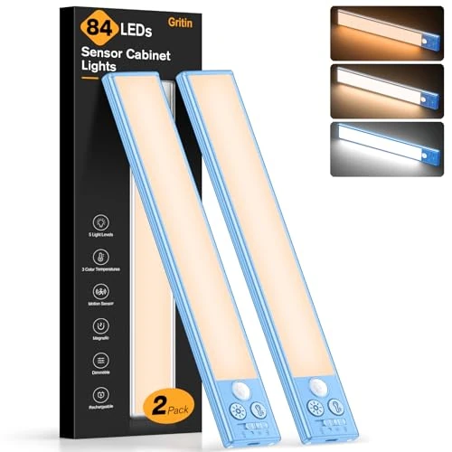 Offre limitée : Gritin Lampe de Placard-84 LED Super Lumineuses, 26CM, 3 Couleurs&5 Luminosités, 4 Modes, Détecteur de Mouvement,Rechargeable 1800mAh Longue Durée-Installation Facile Lampe d'Armoire Magnétique-2 Pack de 17.08 EUR à 16.23 EUR (remise 5%)