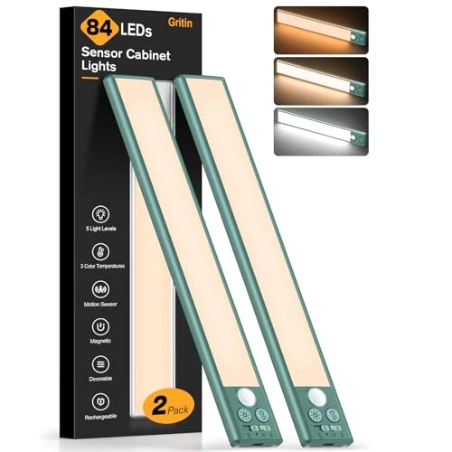Gritin Luce Led Sottopensile Cucina Ricaricabile 2 Pezzi- 3 Colori & 5 Luminosità, Super Luminoso, 4 Modalità, Sensore di Movimento, Facile Installazione Magnetiche Luce Armadio-26CM-Verde Scuro