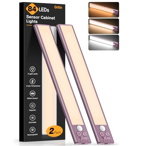 Gritin Under Cabinet Kitchen Lights Rechargeable-3 Color Temps&5 Level Brightness, Super Bright, 4 Modes, Motion Sensor, Long Lasting-Easy Installation Magnetic Under Closet Light-26CM/Mauve