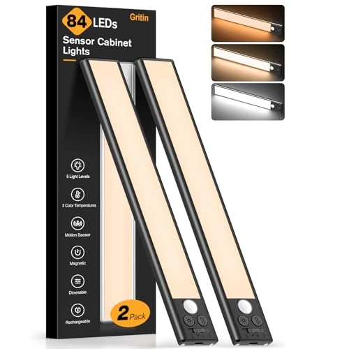 Offerta a tempo: Gritin Luce Led Sottopensile Cucina Ricaricabile 2 Pezzi- 3 Colori & 5 Luminosità, Super Luminoso, 4 Modalità, Sensore di Movimento, Facile Installazione Magnetiche Luce Armadio-26CM-Nero - 5% da 23.99 € a 22.79 €