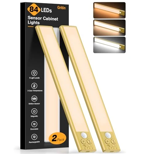 Offerta a tempo: Gritin Luce Led Sottopensile Cucina Ricaricabile 2 Pezzi- 3 Colori & 5 Luminosità, Super Luminoso, 4 Modalità, Sensore di Movimento, Facile Installazione Magnetiche Luce Armadio-26CM-Oro - 33.02% da 31.34 € a 20.99 €