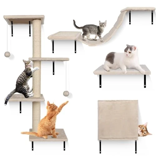 Cat Climbing Wall Masthome Set of 4 Cat Wall Shelves, Includes Scratching Tree, Hanging Bridge, Platform and Cat House, Cat Wall Path, Beige