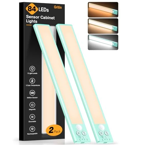 Gritin Lampe de Placard LED, Super Lumineuses, 26CM, 3 Couleurs&5 Luminosités, 4 Modes, Détecteur de Mouvement, Rechargeable Longue Durée-Installation Facile Lampe d'Armoire Magnétique-2 Pack,Bleu