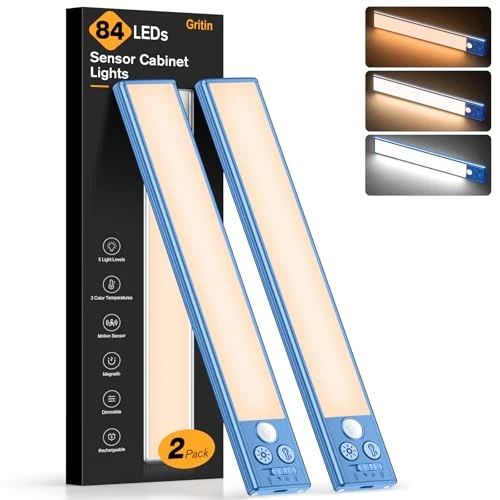 Gritin Under Cabinet Kitchen Lights Rechargeable-3 Color Temps&5 Level Brightness, Super Bright, 4 Modes, Motion Sensor, Long Lasting-Easy Installation Magnetic Under Closet Light-26CM/Porcelain Blue