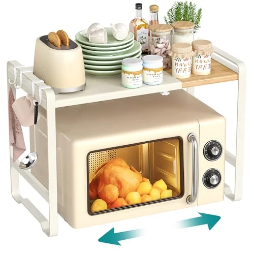 Offerta a tempo: SONGMICS Mensola Microonde Estensibile, Scaffale Supporto Forno a Microonde, Larghezza Regolabile da 41,5 a 64 cm, Cucina, Acciaio e Bambù, 4 Ganci, Bianco Crema e Bambù Chiaro KCS060W01 - 0.00% da 26.99 € a 26.99 €
