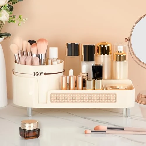 Aevcvok Kosmetik Organizer Drehbar mit Fächern 2-in-1, Schminktisch Organizer Drehbar 360° mit Korbwaren-Dekor, Make Up Organizer Cremefarbe für Pinsel, Eyeliner, Lippenstifte, Parfüm