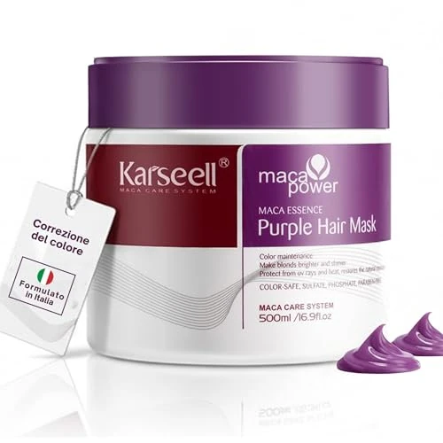 Offerta a tempo: Karseell MACA CARE SYSTEM Maschera Capelli Viola 500ml Toner Biondi Platino Decolorati Grigi Bianchi Antigiallo Correttore Tonalità Idratazione Profonda Collagene Riparazione Antifrizz Senza Solfati - 9% da 32.99 € a 29.99 €