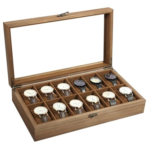 Oferta limitada: Uten Caja de Relojes con 12 Compartimentos, Caja para Reloje Madera, Tapa de Vidrio y Almohada Algodón Seda, Forro Marrón, para Exhibición y Almacenamiento de Relojes Joyería, Regalo Ideal de 29.99 € a 27.43 € (ahorro 9%)