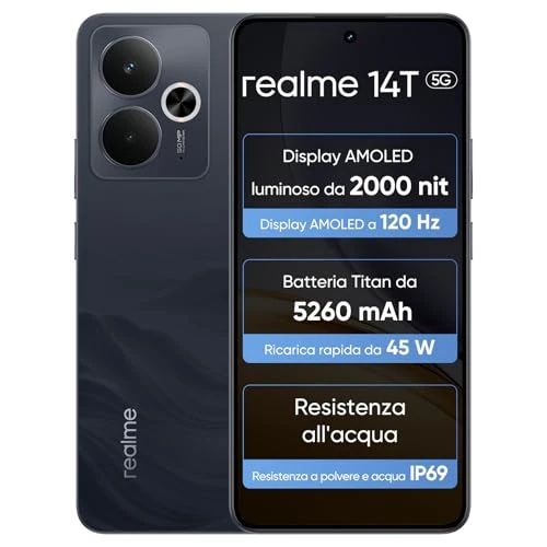Realme 14T 5G Smartphone 8+256 GB, Dimensity 6300, 120 Hz AMOLED Display 6,67 inch, 5260 mAh, IP69, Surf Design, Next AI, zwart obsidiaan