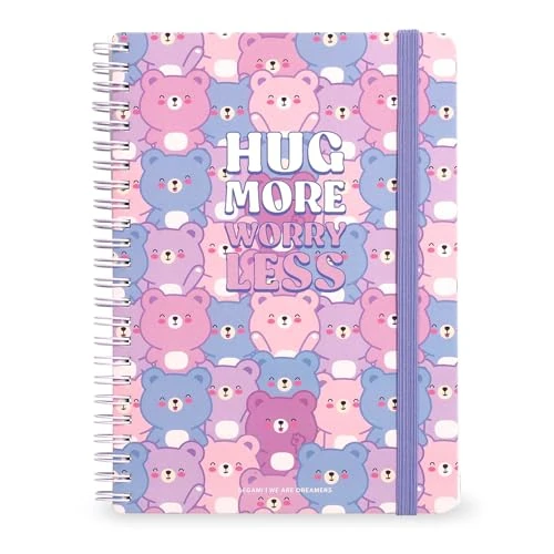 Legami - Cuaderno con espiral de rayas de 7 mm, Teddy Bear, Maxi, tamaño A4, papel certificado FSC, contiene 1 hoja de adhesivos, 160 páginas, cierre elástico, 21 x 29 cm