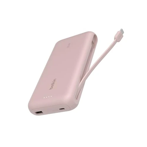 Belkin Caricabatteria portatile, power bank 20K PD 30 W con cavo integrato, ricarica rapida USB-C Power Delivery, caricabatteria portatile per iPhone 16 Series, iPad Pro, Galaxy S25 Series ecc, Rosa