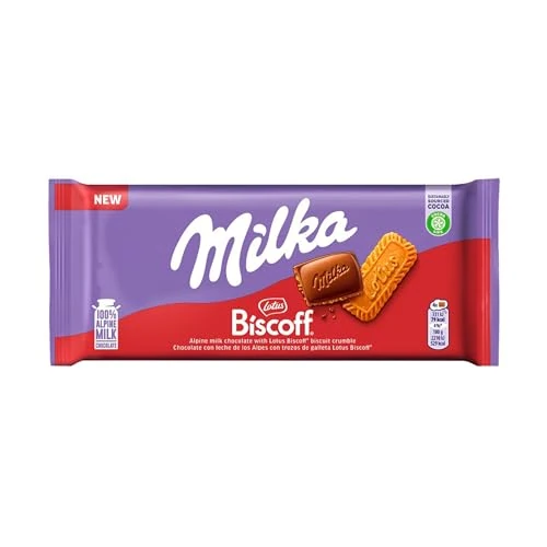 Offerta a tempo: Milka Lotus Biscoff Tavoletta di Cioccolato al Latte con inclusioni di Biscotto Lotus Biscoff Latte 100% Alpino, Cacao Sostenibile Tavoletta 90g — 26% da 1,79 € a 1,33 €
