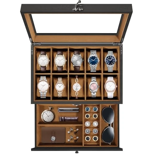 Offre limitée : Uten Boîte à Montres 10 Compartiments, 2 Niveaux Coffret à Montres en Bois, Couvercle en Verre, Coffret de Rangement pour Montres, Coussinets Coton de Soie, Doublure Marron, Idée Cadeau de 31.30 € à 31.30 € (0.00% de remise)