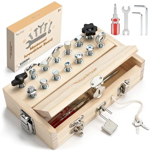 Vanplay Montessori speelgoed vanaf 3, 4, 5 jaar, motoriekspeelgoed, houten speelgoed, schroevendraaier, busy board met sleutel en slot, kinderspeelgoed, cadeaus voor meisjes en jongens
