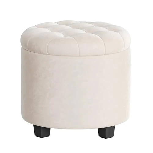 SONGMICS LOM012W01 Tabouret rond avec espace de rangement - Tabouret de maquillage avec pieds - 45 x 45 x 44,5 cm - En velours - Charge maximale : 150 kg - Pour salon, chambre à coucher - Blanc crème