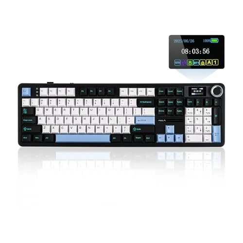 EPOMAKER X Aula F108 Pro Teclado para Juegos Inalámbrico con Pantalla, 104 Teclas Intercambiables y Programables, Botón Giratorio, 8000mAh, RGB, para Mac/PC/Android (Negro Blanco Azul, Reaper)