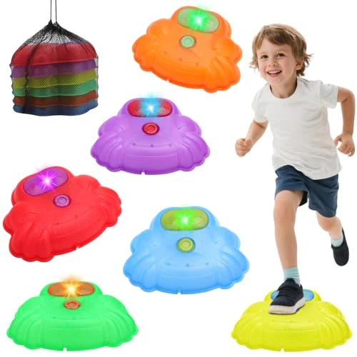 deAO Balancestenen voor kinderen, 6 lichtgevende krabstenen met tas, sensorisch spel en antislip motor, voor binnen en buiten