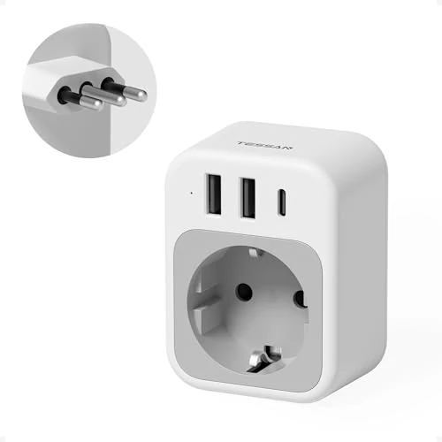TESSAN Adaptador Enchufe Italiano, Adaptador Italia España con 3 USB, 2500 W Enchufe Italiano a Español, Tipo L para Italia, Chile, Uruguay, Libia, Eritrea, San Marino, Blanco