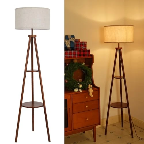 Offerta a tempo: LuminexDesigns Lampada da Terra Treppiede in Legno con Ripiano, Piantana Vintage Rustica Retro in Noce con Paralume in Tessuto, Interruttore a Pedale, 154 cm, E27, per Soggiorno, Camera da Letto - 38% da 85.99 € a 53.69 €