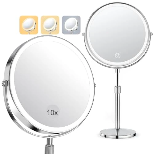 Beperkte aanbieding: Make-upspiegel met verlichting, cosmeticaspiegel, vergrotingsspiegel met licht, 10 x, make-upspiegel voor precisie, dubbelzijdige vergroting, 2000 mAh, 3 kleuren verlichtingsmodi, rond, 360 graden van 20.64 EUR naar 20.64 EUR (besparing 0%)
