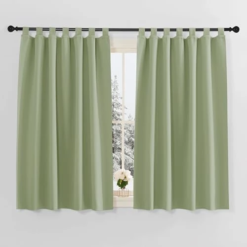 PONY DANCE Short Kitchen Curtains with Loops, Blackout Curtains, Children's Room, Boys, Thermal Curtains, Heat Protection, Tab-Top Curtain, Set of 2, H 145 x W 140 cm, Leaf Green