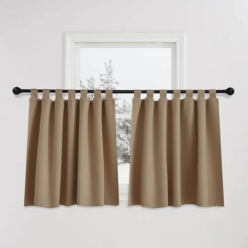 PONY DANCE Modern Kitchen Curtains for Children's Room with Loops, Blackout Curtains, Short Window Curtains, Tab-Top Curtain, Set of 2, H 90 x W 140 cm, Cappuccino