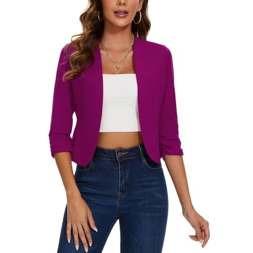 Offerta a tempo: LADI TREND Blazer corto da donna, senza colletto, giacche aperte sul davanti, maniche a 3/4, cardigan in mezzo lino, P-viola, XL - 0.00% da 39.94 € a 39.94 €