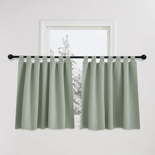 PONY DANCE Tab-Top Curtains Set of 2 Window Curtains Short Thermal Curtain Children's Room Curtains Opaque Sage Green Kitchen Curtains with Loops H 100 x W 140 cm