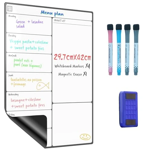 Offerta a tempo: SURFOU Lavagna Magnetica Frigo A3 Cancellabile, Calendario Settimanale per Pasti, Famiglia, Agenda, Spesa e Lista delle Cose da Fare – con 4 Pennarelli e Gomma a Secco - 16% da 13.99 € a 11.72 €