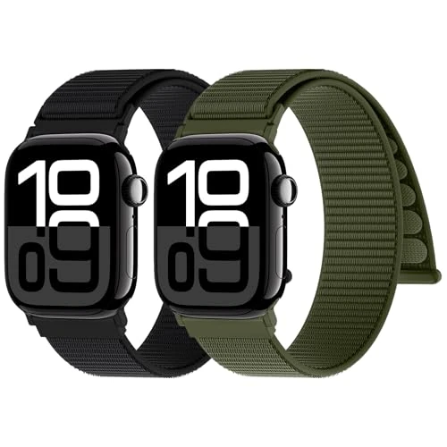 Limited-time offer: Yoohoo 2 Pack Nylon Sport Loop for Apple Watch Straps 38mm 40mm 41mm 42mm 44mm 45mm 46mm 49mm Women Men - Soft and Comfortable Watch Strap for iWatch 11 10 9 8 7 6 5 4 3 2 1 SE Ultra,Black/Green from 9.99 GBP to 9.99 GBP (save 0%)