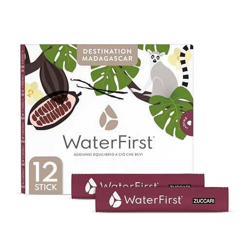 Offerta a tempo: Zuccari WaterFirst Destination Madagascar, 12 Stick-Pack da 1,5g, Aromatizzatore per Acqua con Alkacitrati, Senza Zuccheri, Edulcoranti, Coloranti e Conservanti, Supporta il Metabolismo Acido-Base - 10% da 12.50 € a 11.25 €