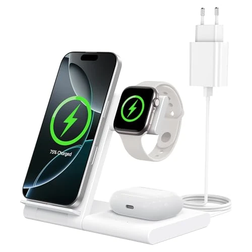 3 in 1 Opvouwbare draadloze oplader, met 18W voeding, WATOE Wireless Charger compatibel met iPhone 14/13/12/11/Pro/Max/XS/XR/X/8/Plus, Apple Watch 8/7/6/SE/5/4/3/2 & AirPods 3/2/Pro (Wit)