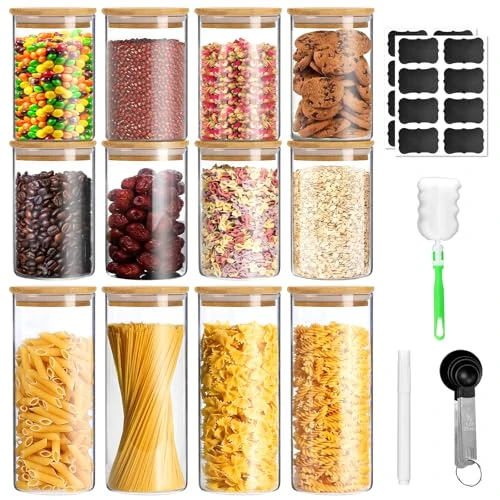 Limited-time offer: BJNN Glass Jars with Bamboo Lids,12PCS Glass Storage Jars with Lid Storage Jars with Bamboo Lid - Airtight - for Cereal Sugar Flour Coffee Rice from 39.98 GBP to 39.98 GBP (save 0%)