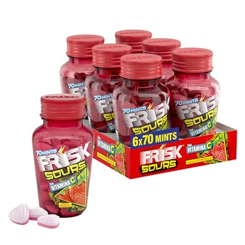 Offerta a tempo: Frisk Sour Strawberry, Caramelle Dure, Gusto Fragola, senza Zucchero, Confezione da 6 Barattoli con 70 Microcompresse, adatto Fuori Casa o a Lavoro, da Portare Sempre con Te - 20% da 15.00 € a 11.99 €
