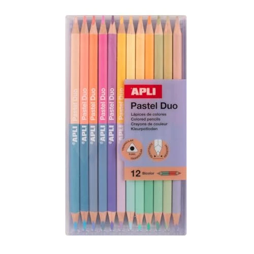 APLI Kids 20083 – Pastel Bi-Colour Pencils Set of 12 Double-Ended Pencils (24 Colours) – Ergonomic Triangular Design – Durable 3 mm Lead – Pack for Drawing and Art