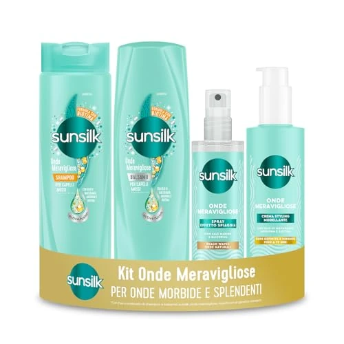 Offerta a tempo: Sunsilk, Kit Onde Meravigliose, Set Capelli Mossi, con Shampoo 250ml, Balsamo Capelli 200ml, Crema Styling 200ml e Sea Salt Spray 150ml, Effetto Anticrespo, per Onde Morbide e Splendenti* - 39% da 16.89 € a 10.32 €