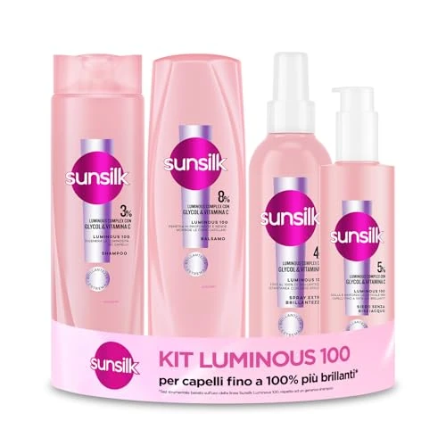 Sunsilk Zestaw do pielęgnacji włosów Luminous 100, z szamponem 250 ml, odżywką do włosów, serum i sprayem o dodatkowym połysku 200 ml, kompleks z glikolem i witaminą C, efekt lustra