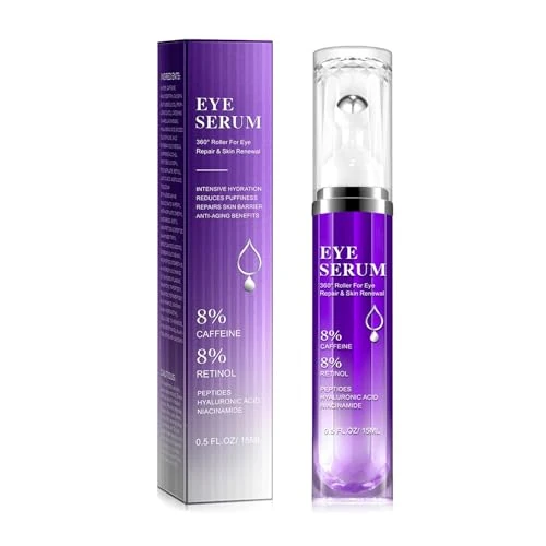 Augenkonturserum mit 8% Koffein, mit 360° Rollerball, reine Hyaluronsäure und Koffein, für Augenringe und Tränensäcke, Falten und feine Linien, 15 ml