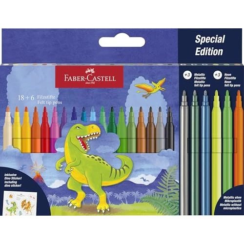 FABER-CASTELL 554222 - Dino Felt Pen Set, 24 Felt Tip Pens in Standard and Pastel Colours