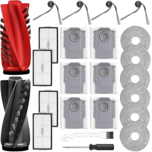 24 piezas de accesorios para robot aspirador Roborock Saros 10R/Qrevo CurvX/Qrevo Curv 2 ProX/Curv 2 Pro, 2 cepillos principales, 6 bolsas de polvo, 6 toallitas, 4 filtros HEPA, 4 cepillos laterales