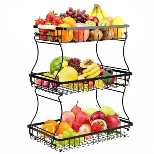 Offerta a tempo: VINATO Portafrutta a 3 Ripiani in Metallo – Fruttiera Moderna con Maniglie in Legno, per Cucina, Bagno & Altro – Ideale per Frutta, Verdura & Organizzazione, Nero - 0.00% da 32.39 € a 32.39 €