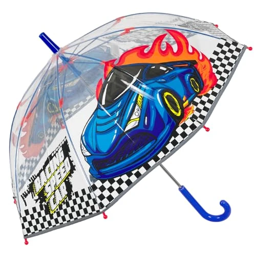 Transparante Paraplu Kleine Jongen - Windbestendige Lange Kinderparaplu met Reflecterende Details - Koepelparaplu voor Kinderen 3 4 5 Jaar met Veiligheidsopening - Diameter 64 cm - Perletti (Raceauto)