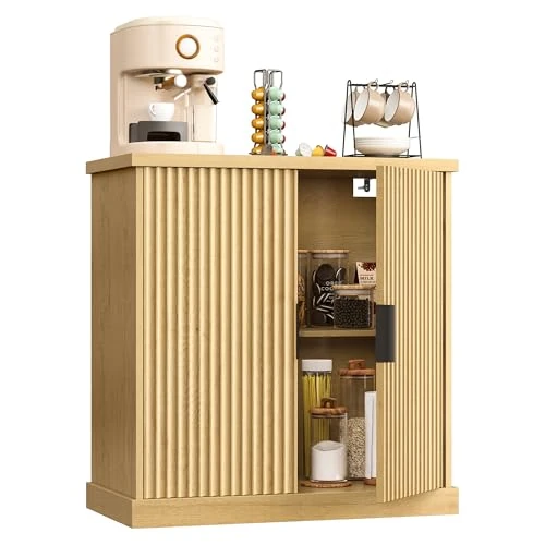 VASAGLE MAXE Colección - Aparador, Armario de Almacenamiento con Estantes Ajustables, Puertas Acanaladas, Estilo Transicional, para Cocina, Comedor, Beige Roble BBK344Y01